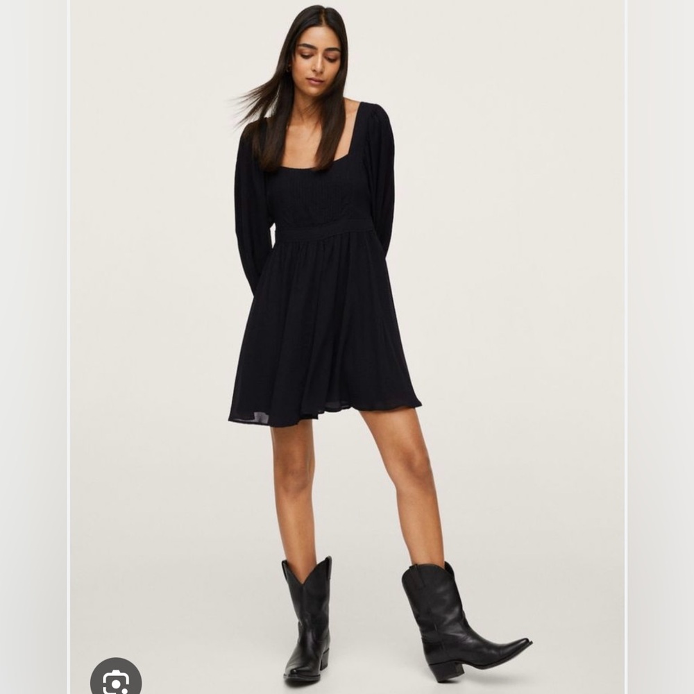 MANGO Black Puffed Sleeve Square Neck Mini Dress